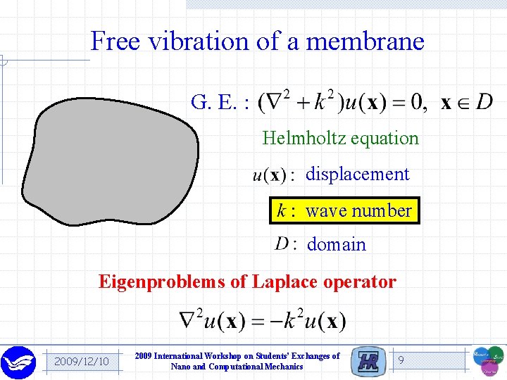 Free vibration of a membrane G. E. : Helmholtz equation displacement wave number domain