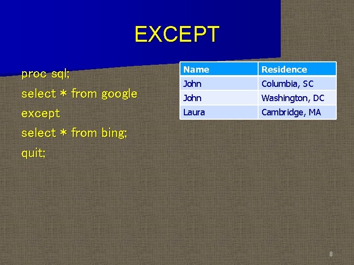 EXCEPT proc sql; select * from google except select * from bing; quit; Name EXCEPT proc sql; select * from google except select * from bing; quit; Name