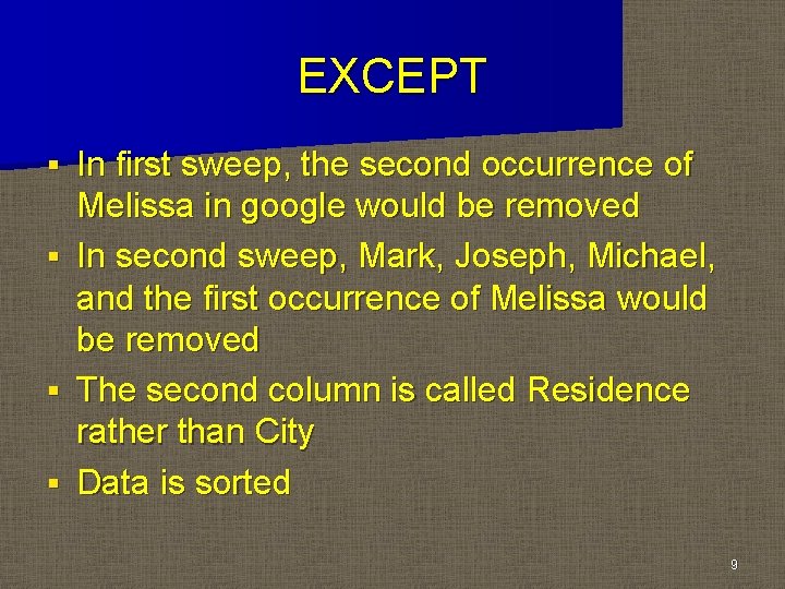 EXCEPT In first sweep, the second occurrence of Melissa in google would be removed EXCEPT In first sweep, the second occurrence of Melissa in google would be removed