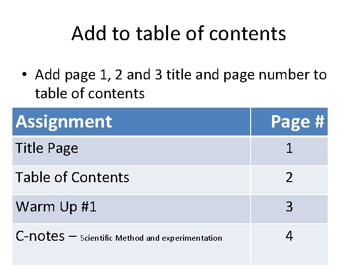 Add to table of contents • Add page 1, 2 and 3 title and