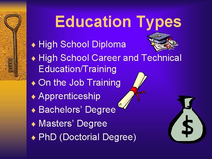 Education Types ¨ High School Diploma ¨ High School Career and Technical Education/Training ¨