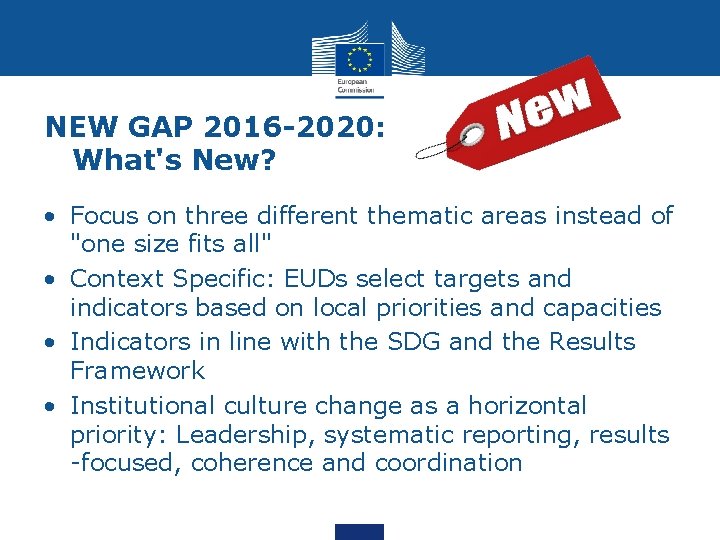 NEW GAP 2016 -2020: What's New? • Focus on three different thematic areas instead