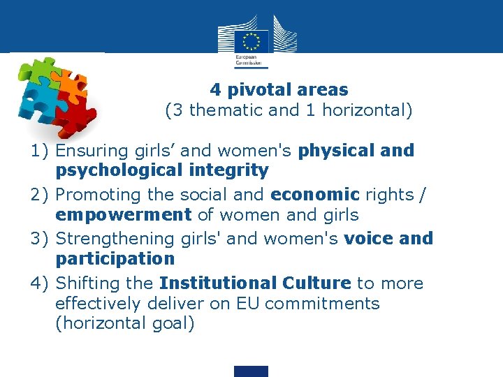 4 pivotal areas (3 thematic and 1 horizontal) 1) Ensuring girls’ and women's physical