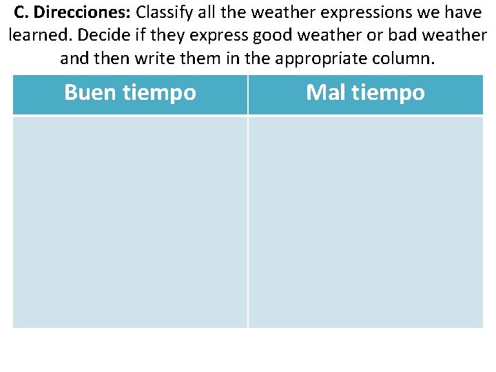 C. Direcciones: Classify all the weather expressions we have learned. Decide if they express