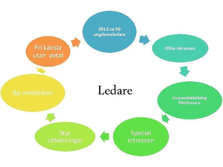 2012 ca 50 ungdomsledare Fri känsla utan avtal Bp metodiken Styr utbildningar Olika intressen