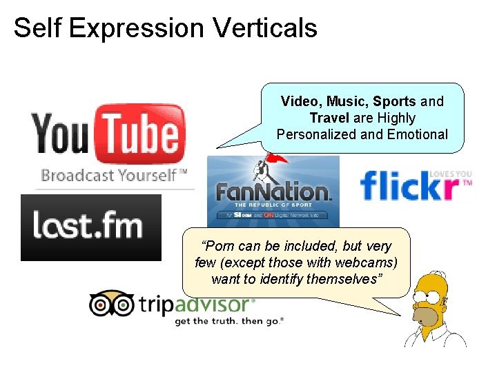 Self Expression Verticals Video, Music, Sports and Travel are Highly Personalized and Emotional “Porn