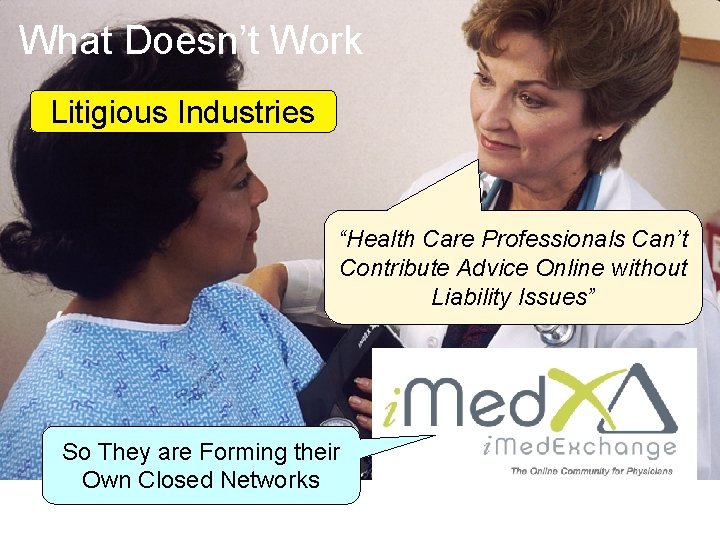 What Doesn’t Work Litigious Industries “Health Care Professionals Can’t Contribute Advice Online without Liability