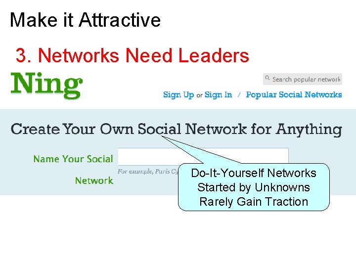 Make it Attractive 3. Networks Need Leaders Do-It-Yourself Networks Started by Unknowns Rarely Gain