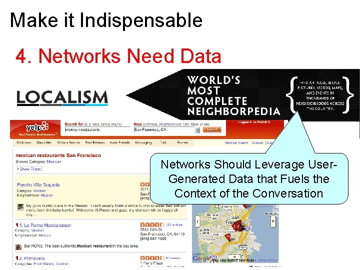 Make it Indispensable 4. Networks Need Data Networks Should Leverage User. Generated Data that