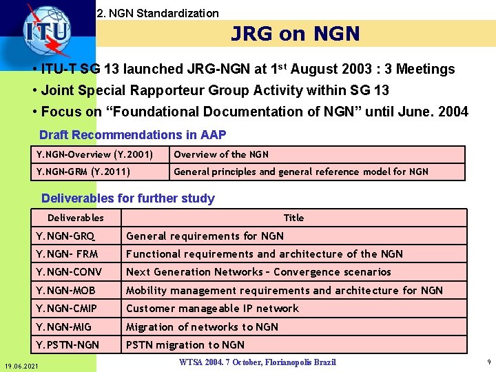 2. NGN Standardization JRG on NGN • ITU-T SG 13 launched JRG-NGN at 1