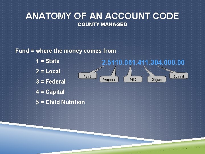 ANATOMY OF AN ACCOUNT CODE COUNTY MANAGED Fund = where the money comes from