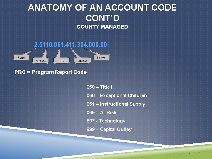 ANATOMY OF AN ACCOUNT CODE CONT’D COUNTY MANAGED PRC = Program Report Code 050