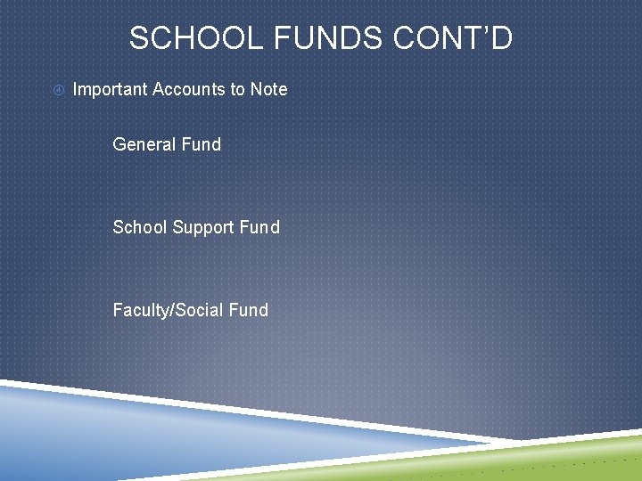 SCHOOL FUNDS CONT’D Important Accounts to Note General Fund School Support Fund Faculty/Social Fund