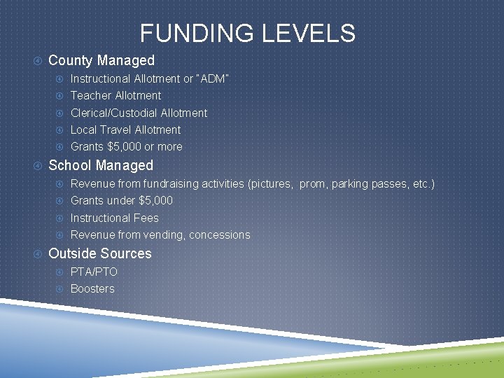 FUNDING LEVELS County Managed Instructional Allotment or “ADM” Teacher Allotment Clerical/Custodial Allotment Local Travel