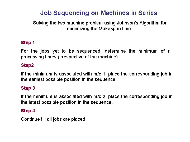 Job Sequencing on Machines in Series Solving the two machine problem using Johnson’s Algorithm