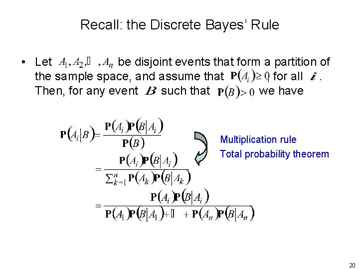 Recall: the Discrete Bayes’ Rule • Let be disjoint events that form a partition