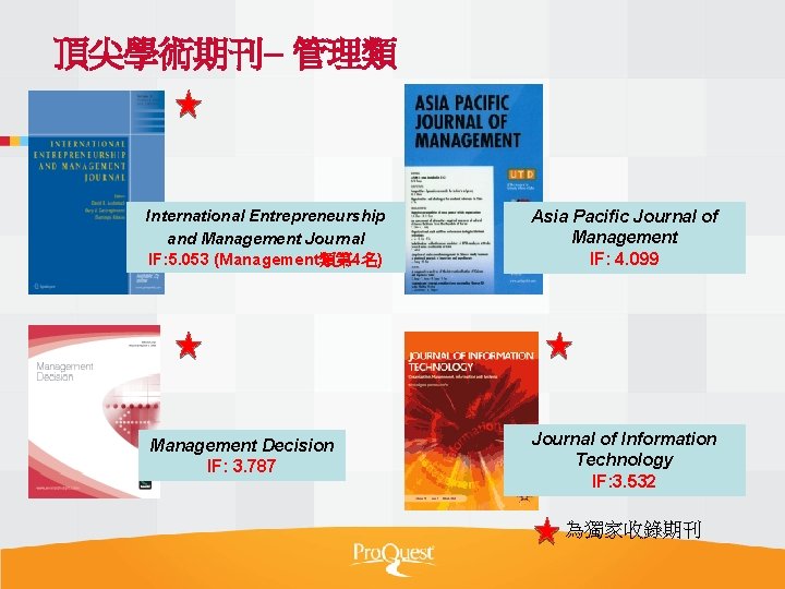 頂尖學術期刊– 管理類 International Entrepreneurship and Management Journal IF: 5. 053 (Management類第 4名) Asia Pacific