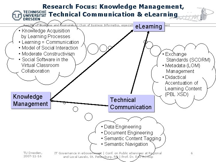 Research Focus: Knowledge Management, Technical Communication & e. Learning Faculty of Business and Economics