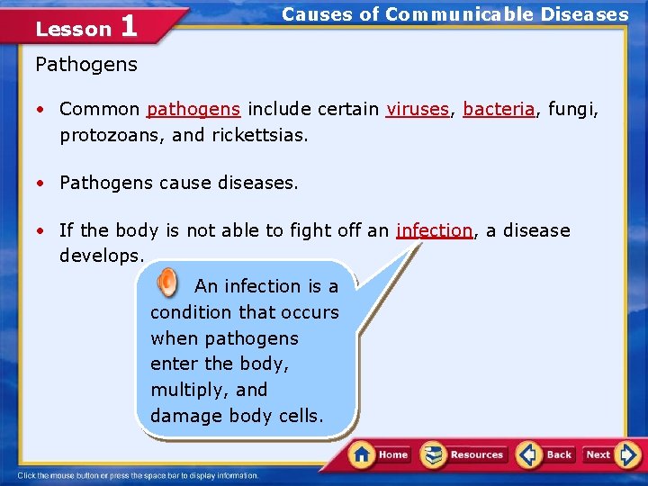 Lesson 1 Causes of Communicable Diseases Pathogens • Common pathogens include certain viruses, bacteria,