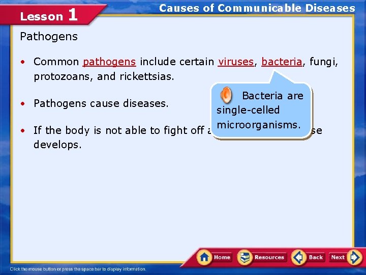 Lesson 1 Causes of Communicable Diseases Pathogens • Common pathogens include certain viruses, bacteria,