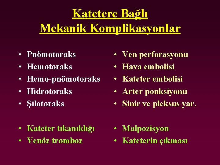 Katetere Bağlı Mekanik Komplikasyonlar • • • Pnömotoraks Hemo-pnömotoraks Hidrotoraks Şilotoraks • Kateter tıkanıklığı