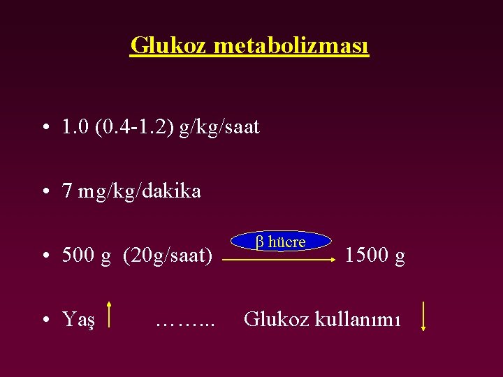 Glukoz metabolizması • 1. 0 (0. 4 -1. 2) g/kg/saat • 7 mg/kg/dakika •