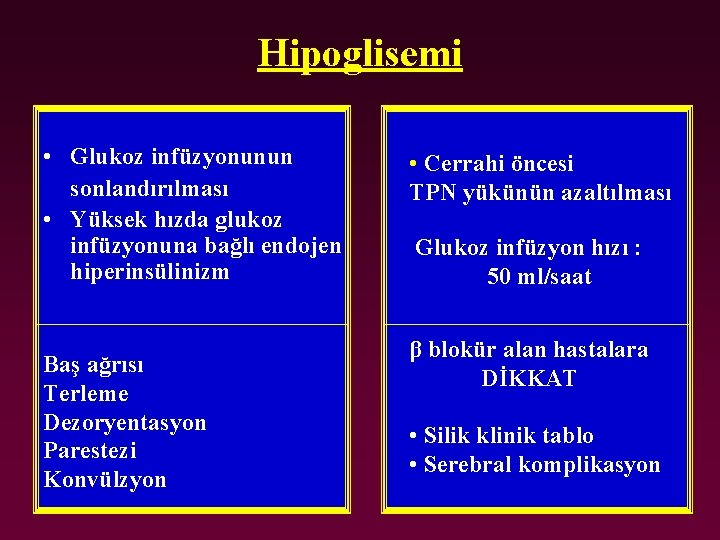 Hipoglisemi • Glukoz infüzyonunun sonlandırılması • Yüksek hızda glukoz infüzyonuna bağlı endojen hiperinsülinizm Baş