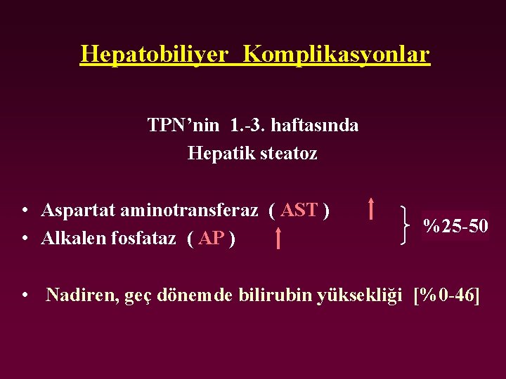 Hepatobiliyer Komplikasyonlar TPN’nin 1. -3. haftasında Hepatik steatoz • Aspartat aminotransferaz ( AST )