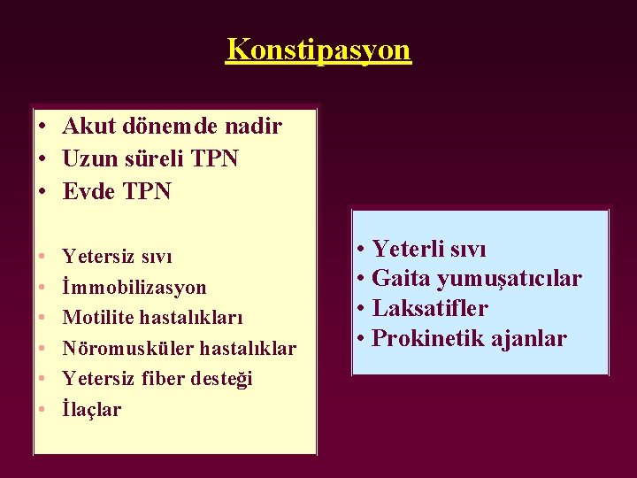 Konstipasyon • Akut dönemde nadir • Uzun süreli TPN • Evde TPN • •