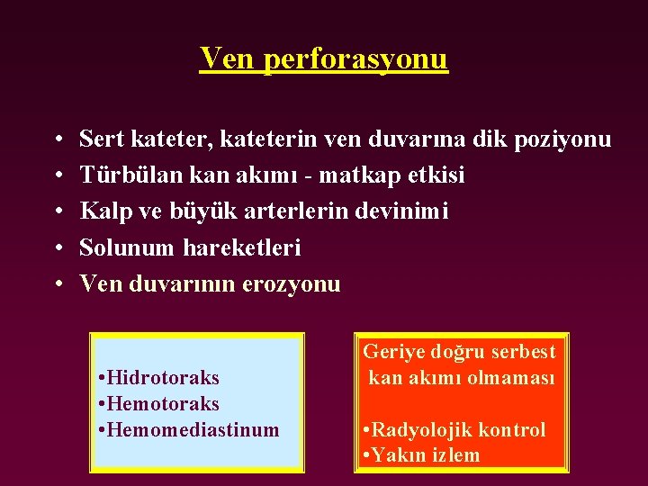 Ven perforasyonu • • • Sert kateter, kateterin ven duvarına dik poziyonu Türbülan kan