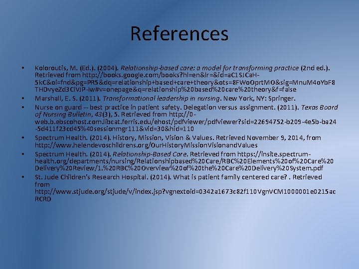 References • • • Koloroutis, M. (Ed. ). (2004). Relationship-based care: a model for