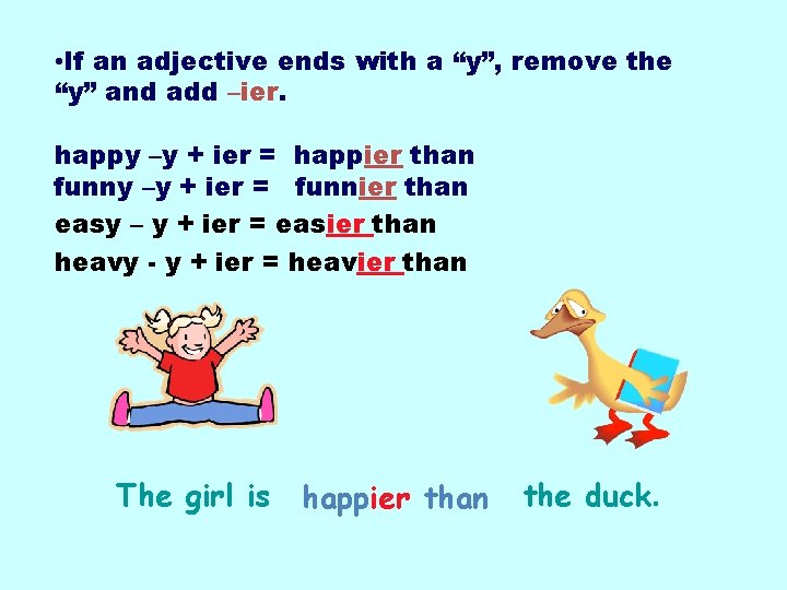 • If an adjective ends with a “y”, remove the “y” and add
