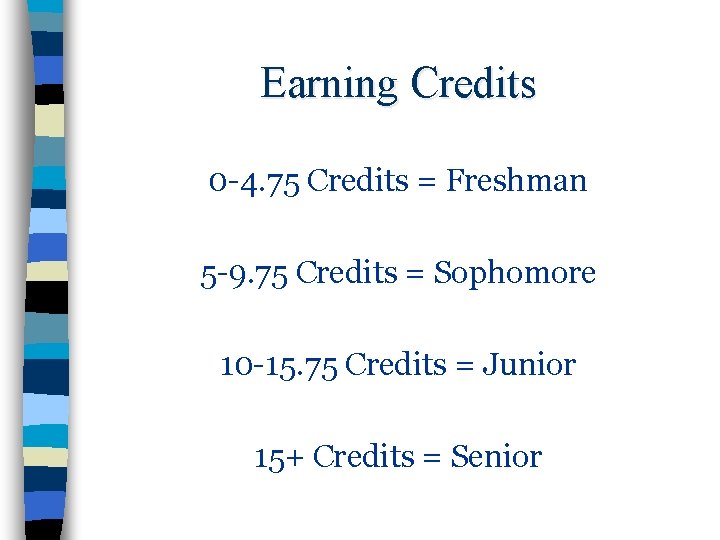 Earning Credits 0 -4. 75 Credits = Freshman 5 -9. 75 Credits = Sophomore