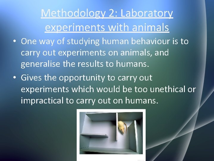 Methodology 2: Laboratory experiments with animals • One way of studying human behaviour is