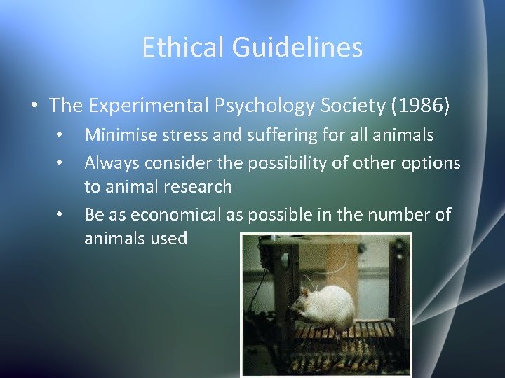 Ethical Guidelines • The Experimental Psychology Society (1986) • • • Minimise stress and