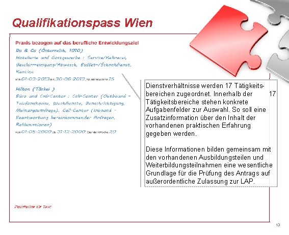 Qualifikationspass Wien Dienstverhältnisse werden 17 Tätigkeitsbereichen zugeordnet. Innerhalb der 17 Tätigkeitsbereiche stehen konkrete Aufgabenfelder