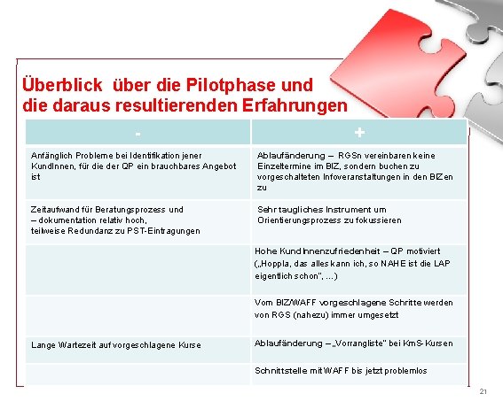 Überblick über die Pilotphase und die daraus resultierenden Erfahrungen - + Anfänglich Probleme bei