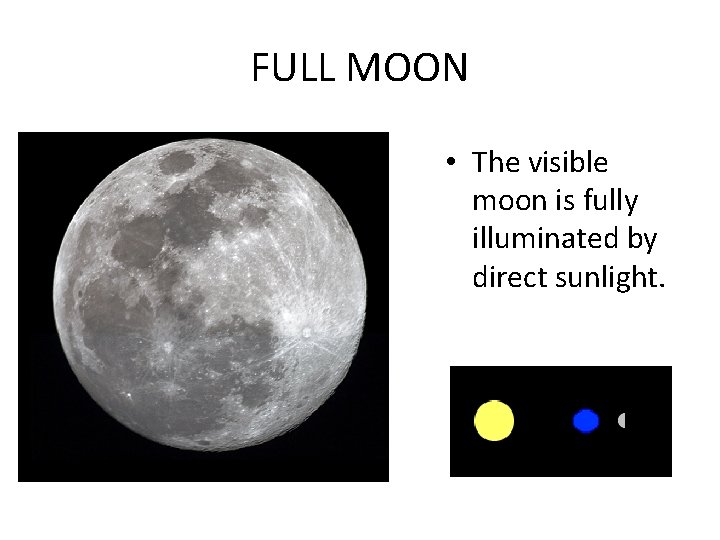 FULL MOON • The visible moon is fully illuminated by direct sunlight. 
