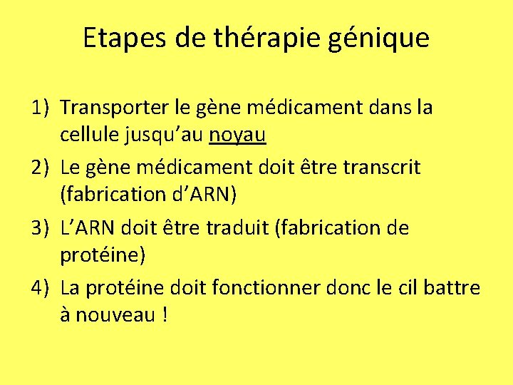 Etapes de thérapie génique 1) Transporter le gène médicament dans la cellule jusqu’au noyau