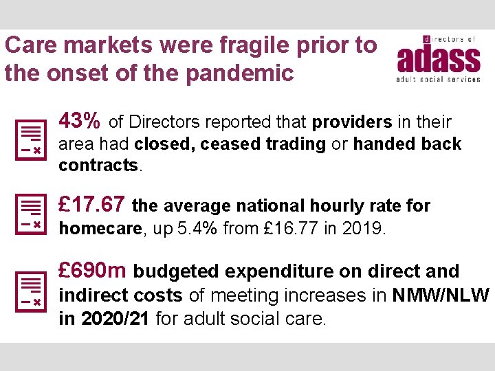 Care markets were fragile prior to the onset of the pandemic 43% of Directors