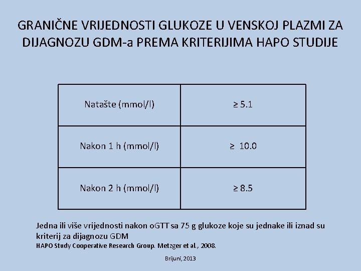 GRANIČNE VRIJEDNOSTI GLUKOZE U VENSKOJ PLAZMI ZA DIJAGNOZU GDM-a PREMA KRITERIJIMA HAPO STUDIJE Natašte
