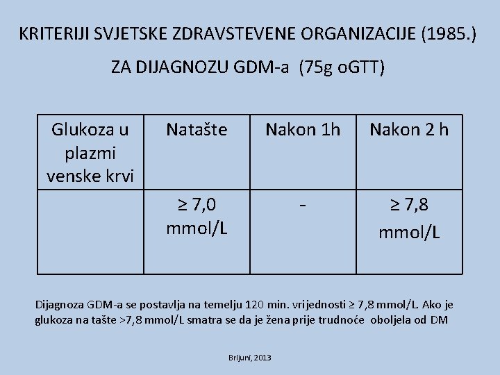 KRITERIJI SVJETSKE ZDRAVSTEVENE ORGANIZACIJE (1985. ) ZA DIJAGNOZU GDM-a (75 g o. GTT) Glukoza