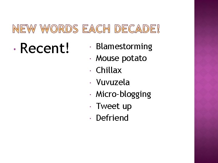  Recent! Blamestorming Mouse potato Chillax Vuvuzela Micro-blogging Tweet up Defriend 