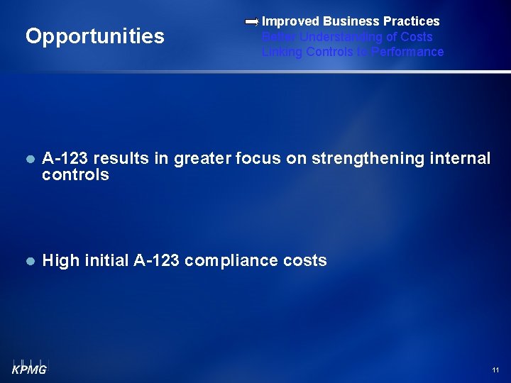 Opportunities Improved Business Practices Better Understanding of Costs Linking Controls to Performance A-123 results