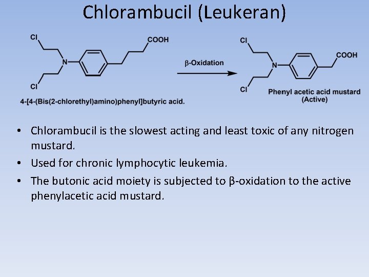 Chlorambucil (Leukeran) • Chlorambucil is the slowest acting and least toxic of any nitrogen