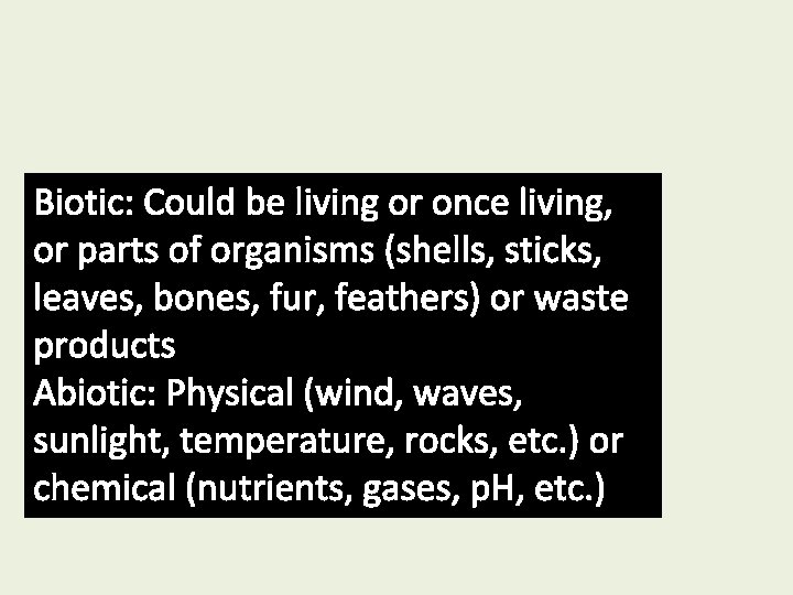 Biotic: Could be living or once living, or parts of organisms (shells, sticks, leaves,