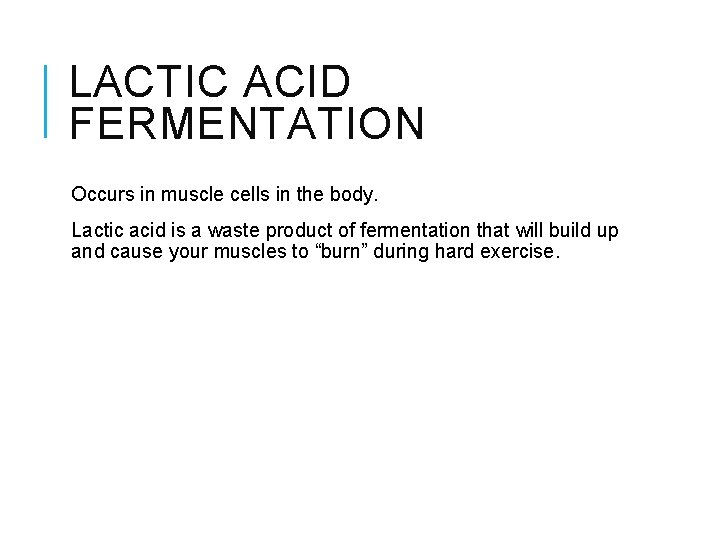 LACTIC ACID FERMENTATION Occurs in muscle cells in the body. Lactic acid is a