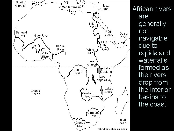 African rivers are generally not navigable due to rapids and waterfalls formed as the