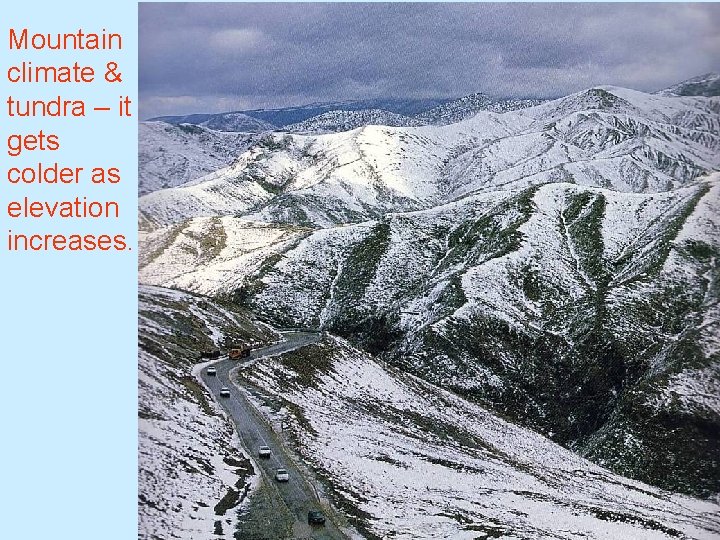 Mountain climate & tundra – it gets colder as elevation increases. 