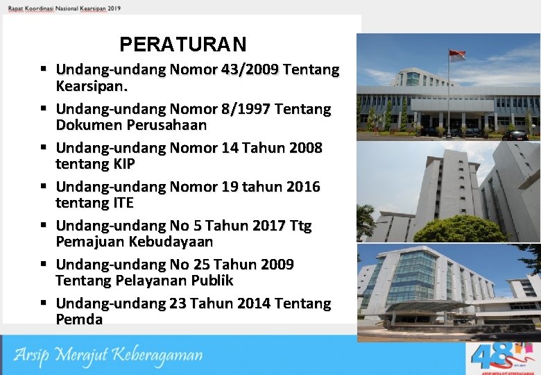 PERATURAN Undang-undang Nomor 43/2009 Tentang Kearsipan. Undang-undang Nomor 8/1997 Tentang Dokumen Perusahaan Undang-undang Nomor